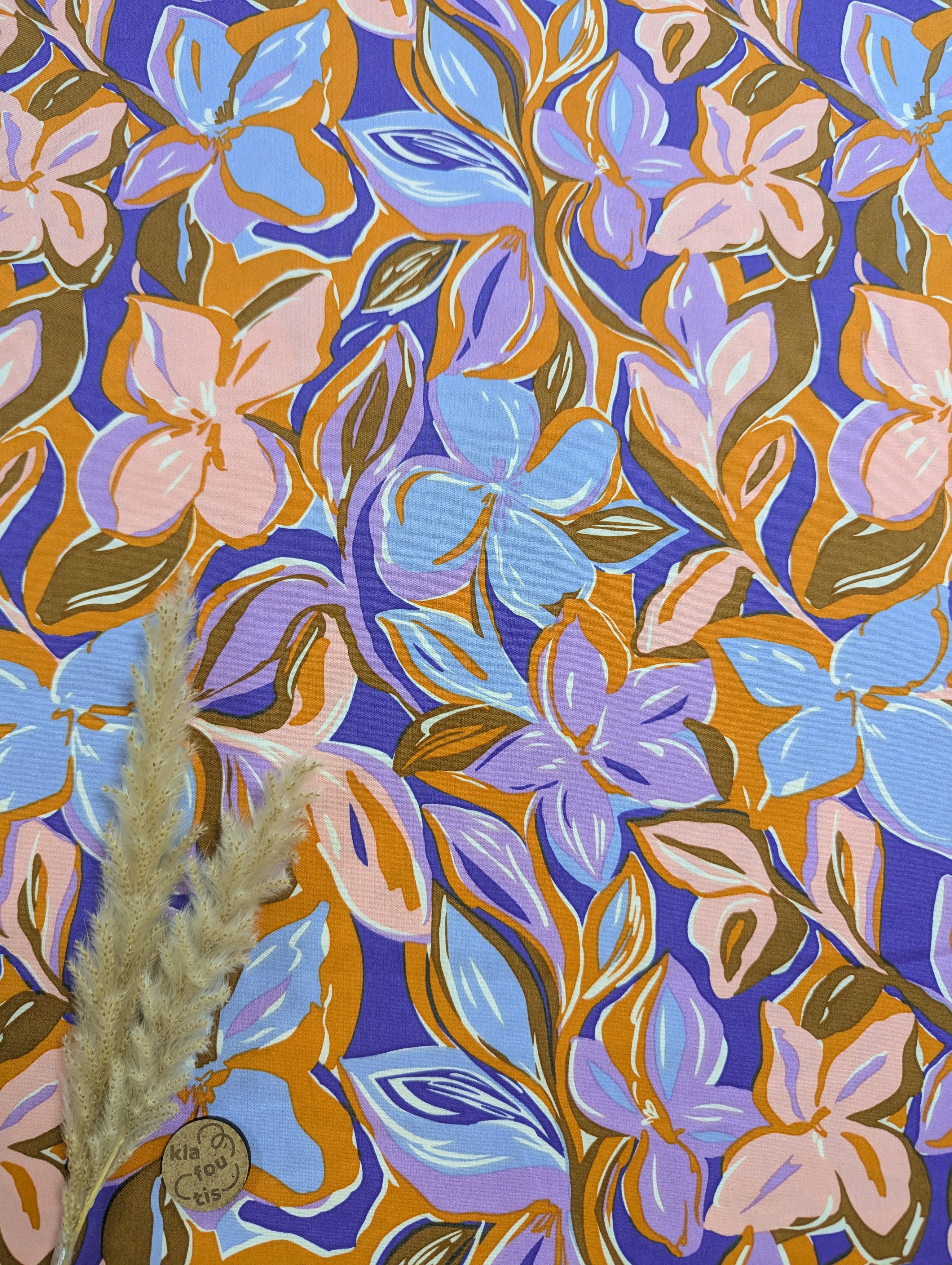 Coton viscose bleu roi - mélange fleuri