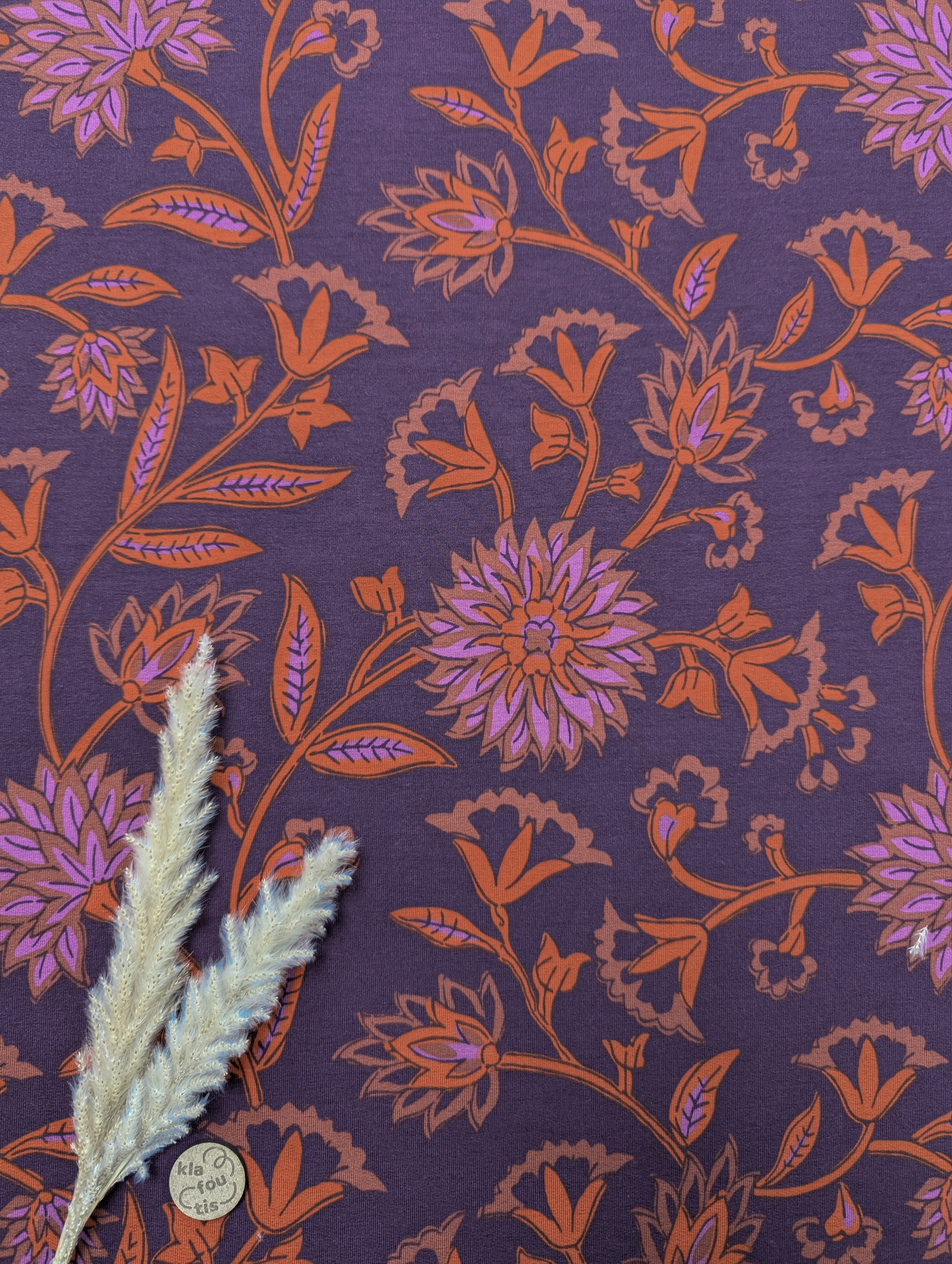 French Terry lie de vin - fleurs stylisées