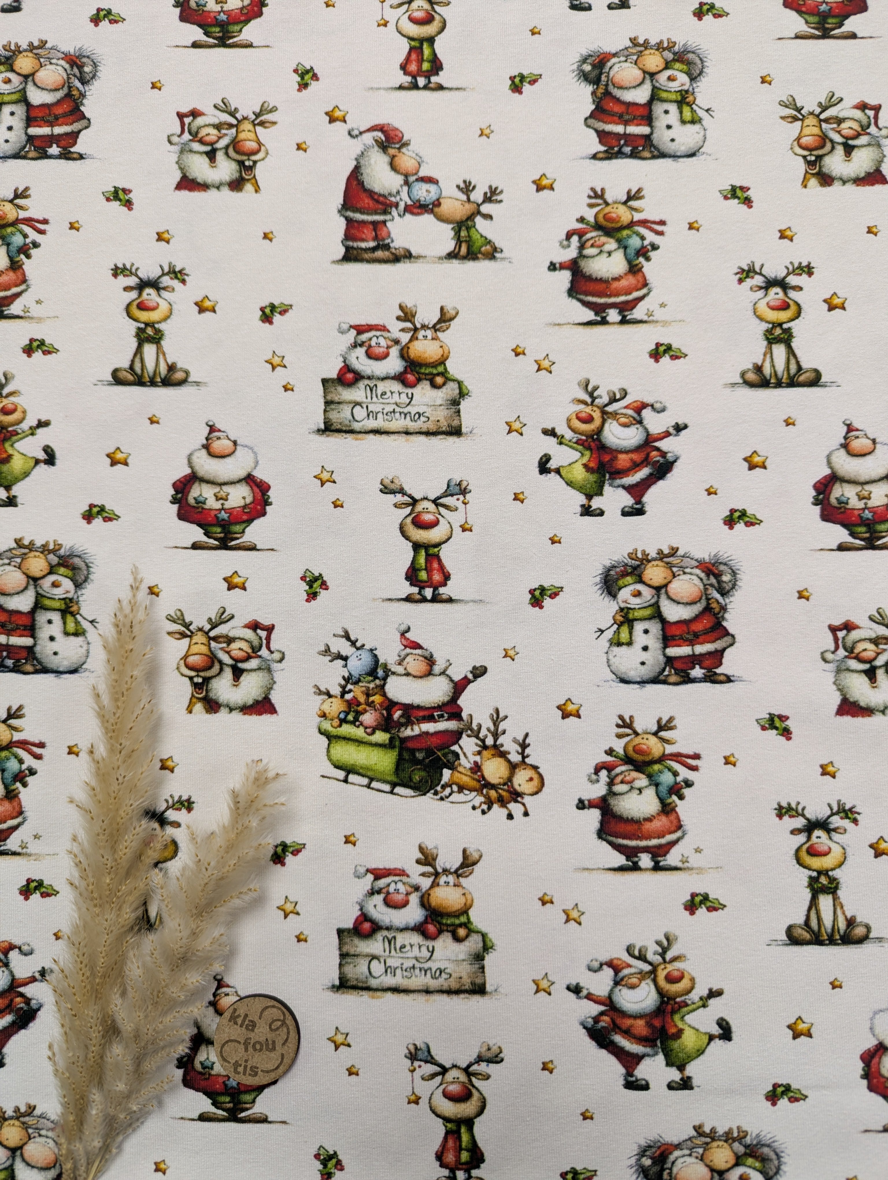 Jersey de coton crème - Papa Noël et Rudolph