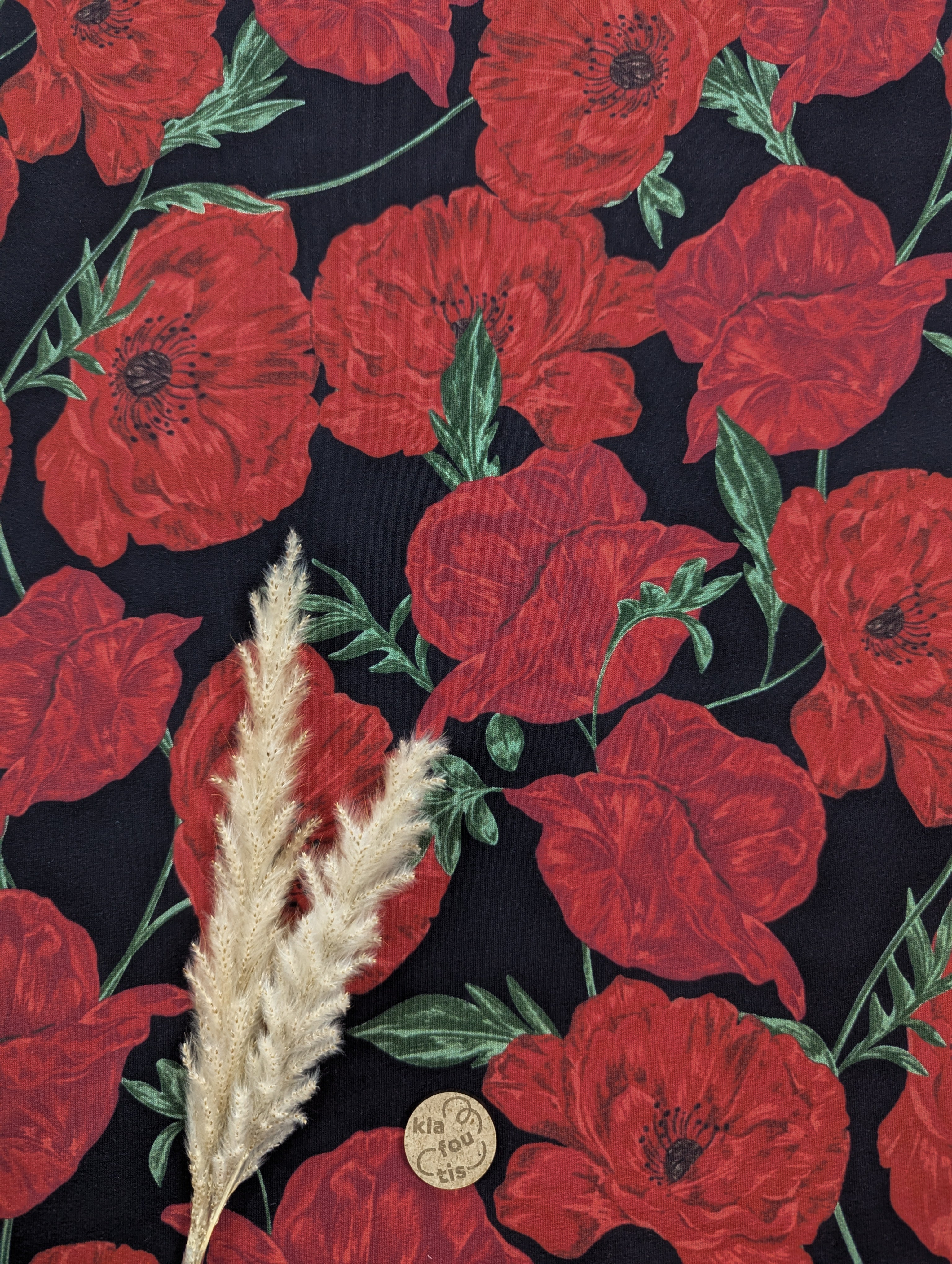 French terry noir - fleurs rouges