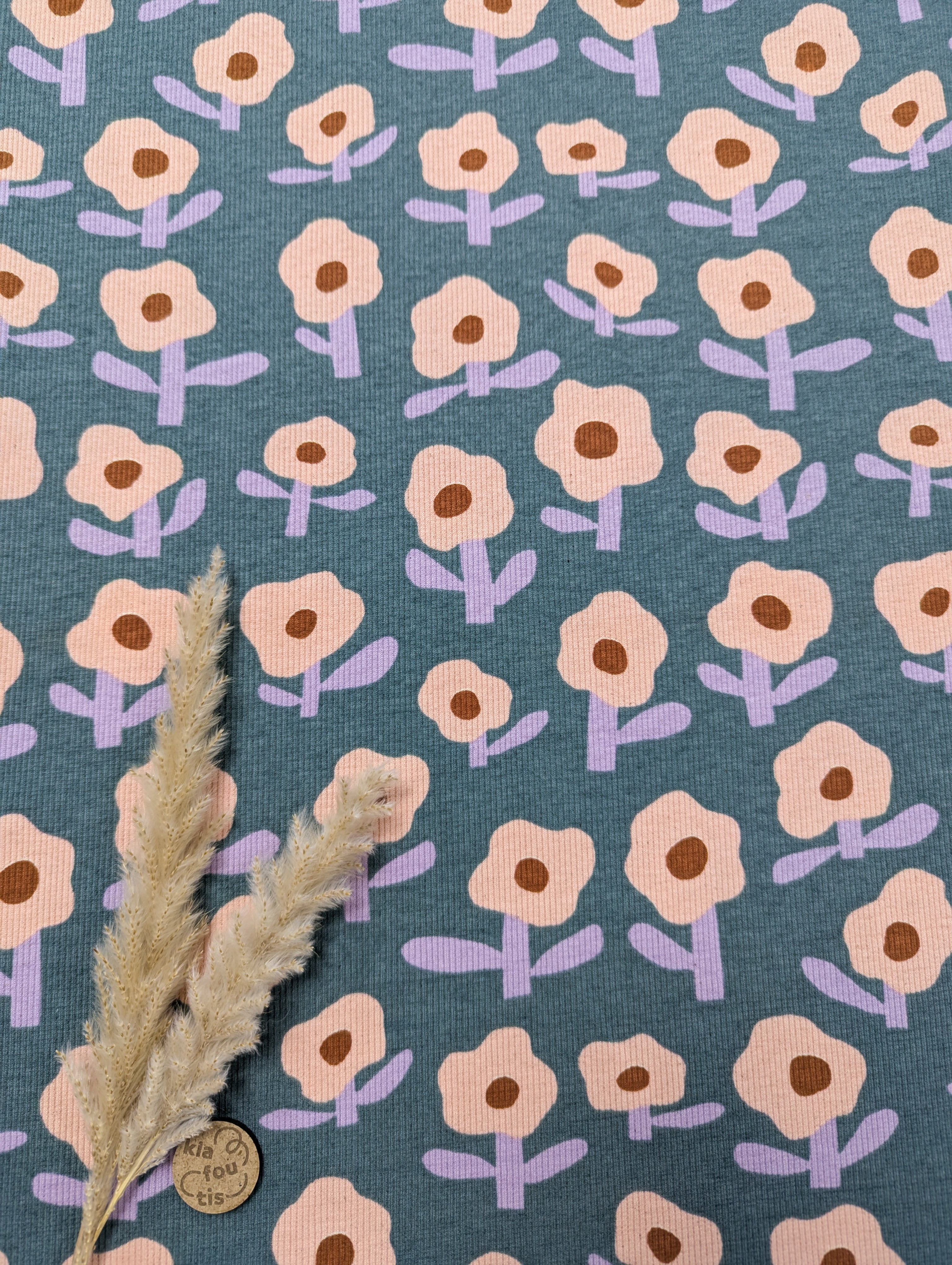 Jersey de coton BIO texturé ligné vert doux - naïveté florale - par Jennifer Bouron