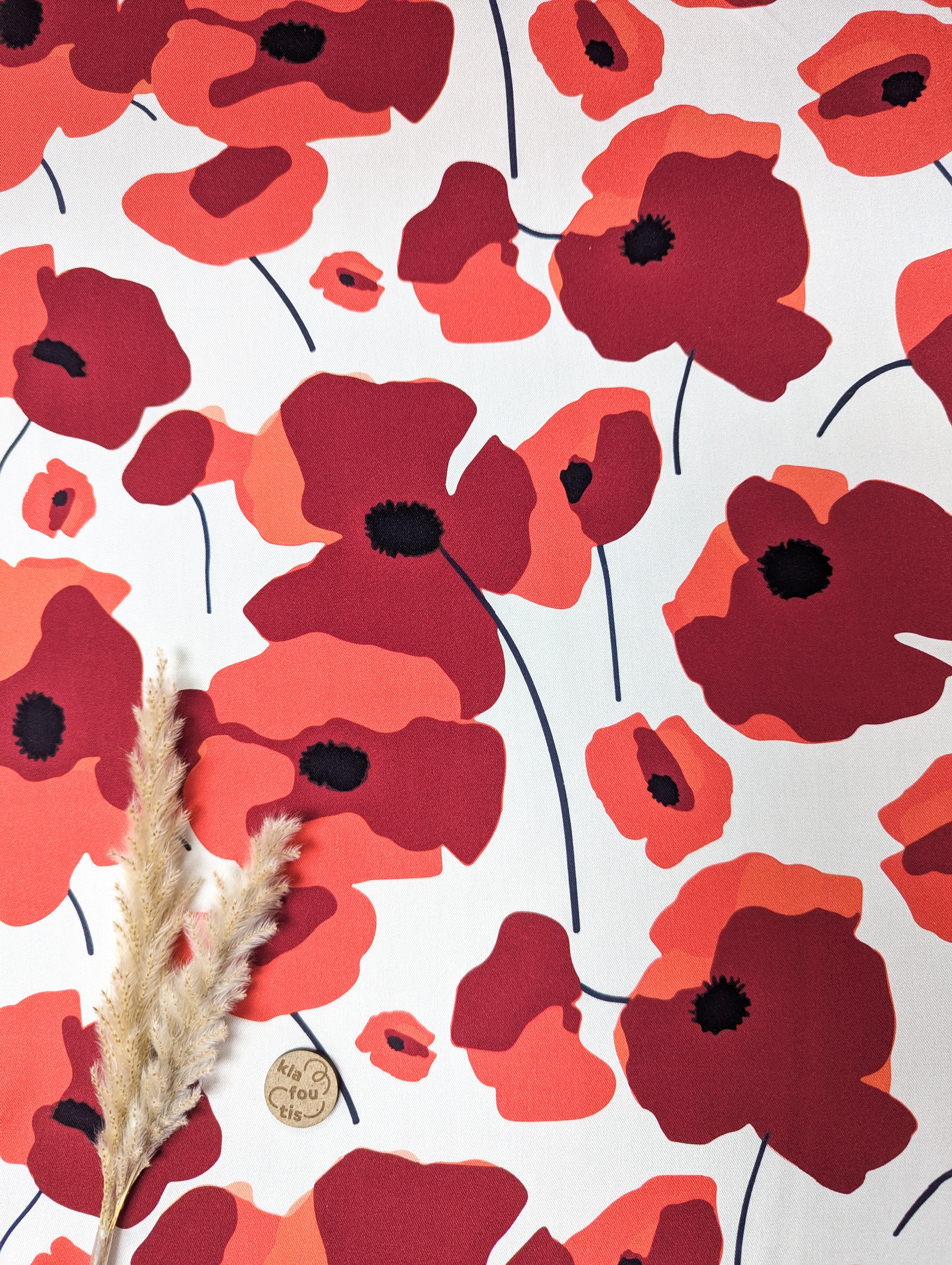 Twill de viscose écru - coquelicots