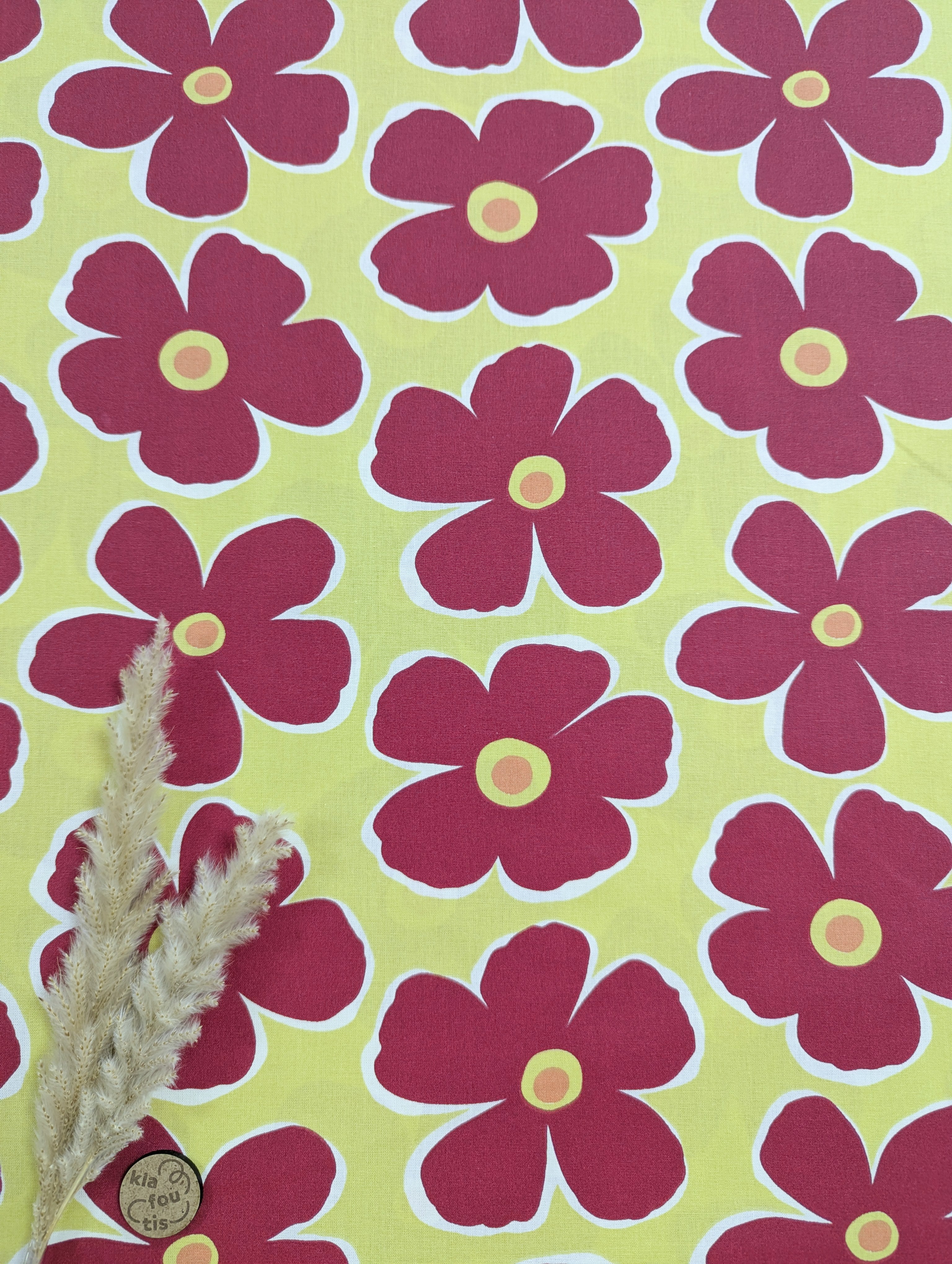 Popeline de coton jaune - fleurs bordeaux