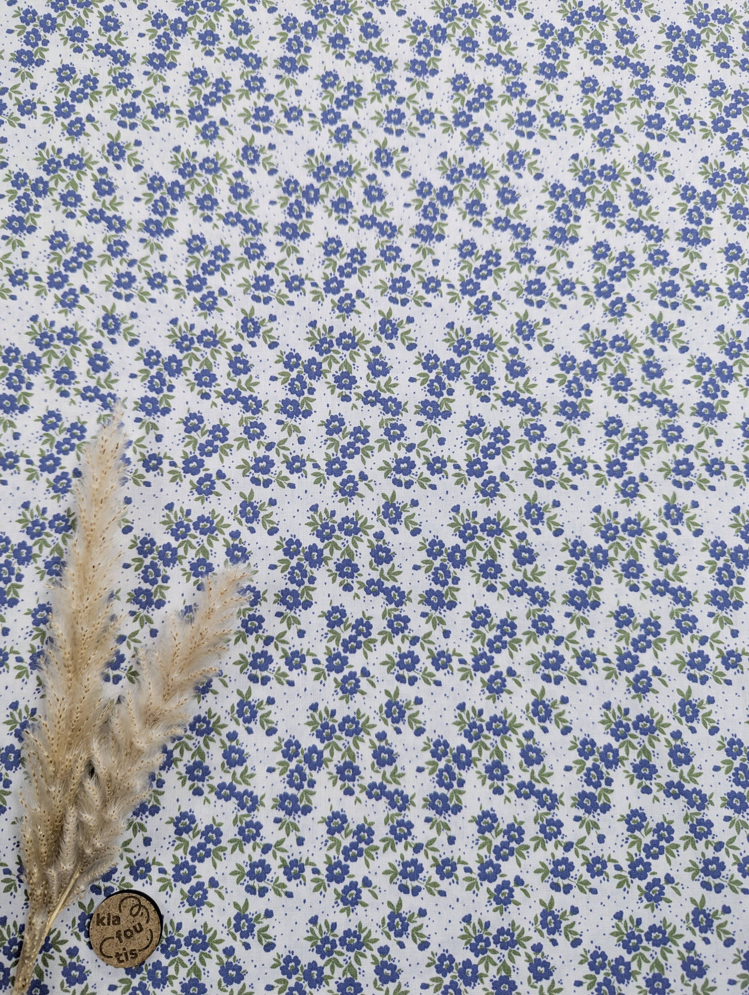 Popeline de coton blanc - Mini fleurs bleu