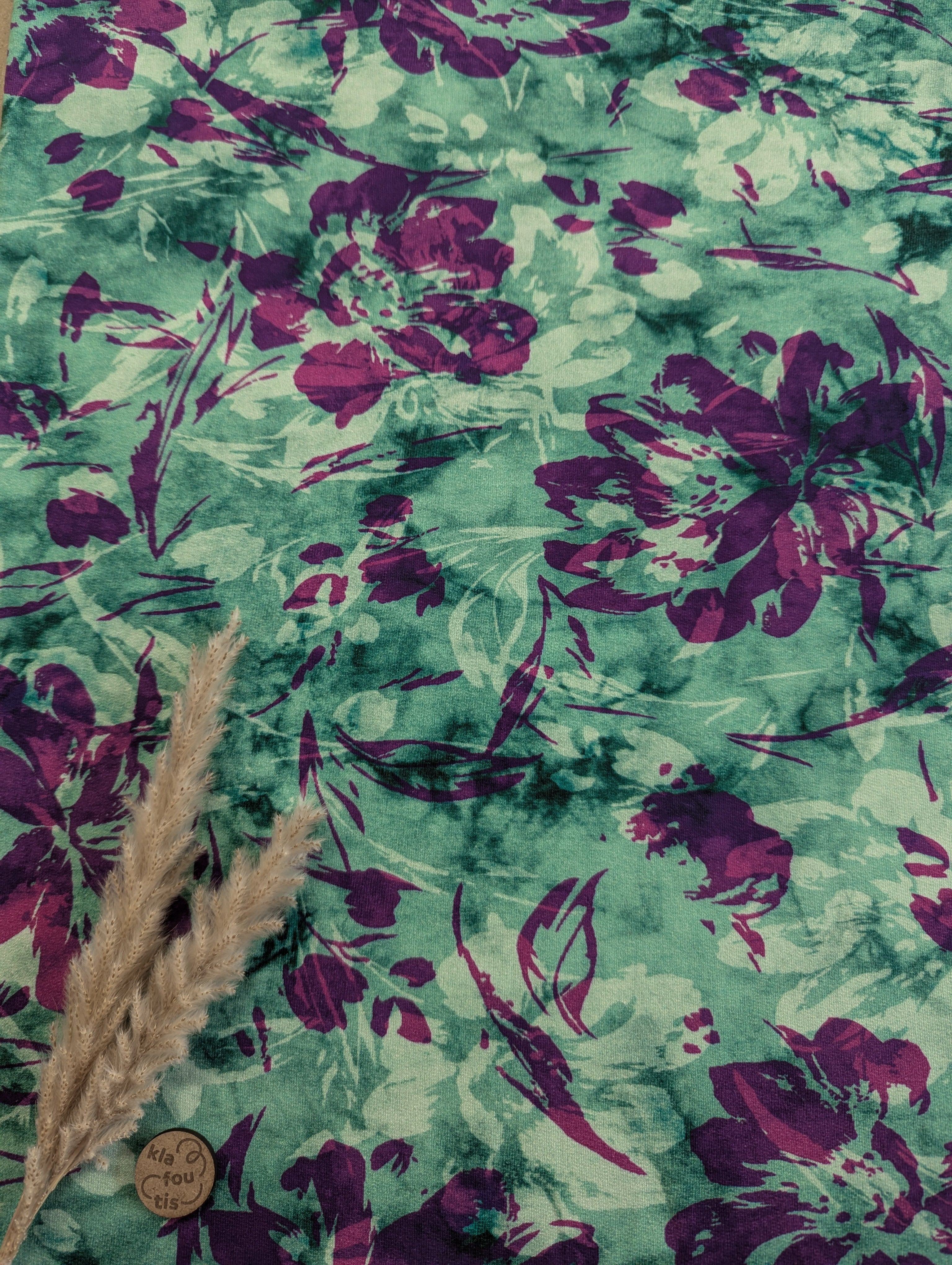 French Terry bleu vert - éclats fleuris violets