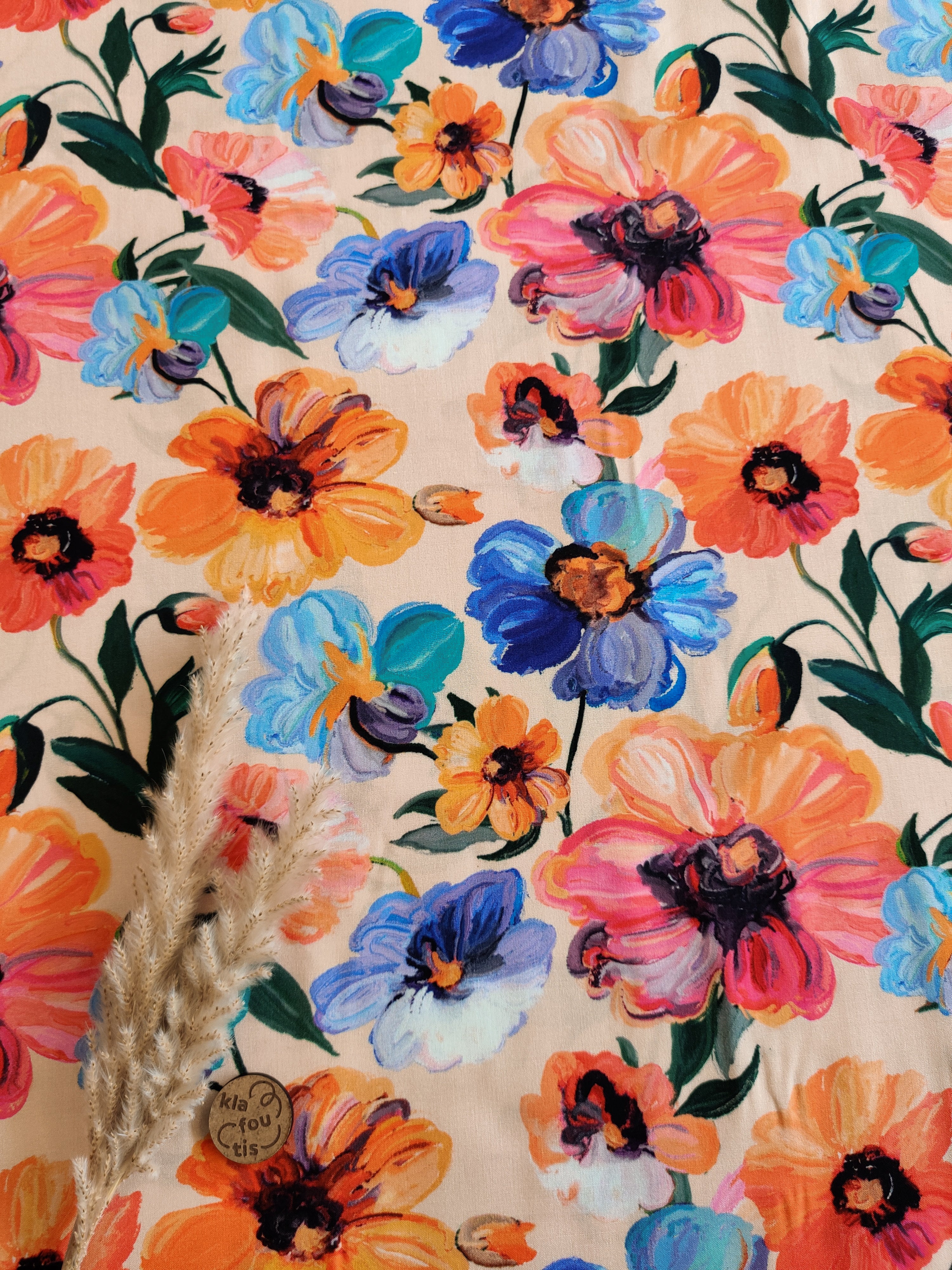 Popeline de viscose pêche - Balade aux coquelicots