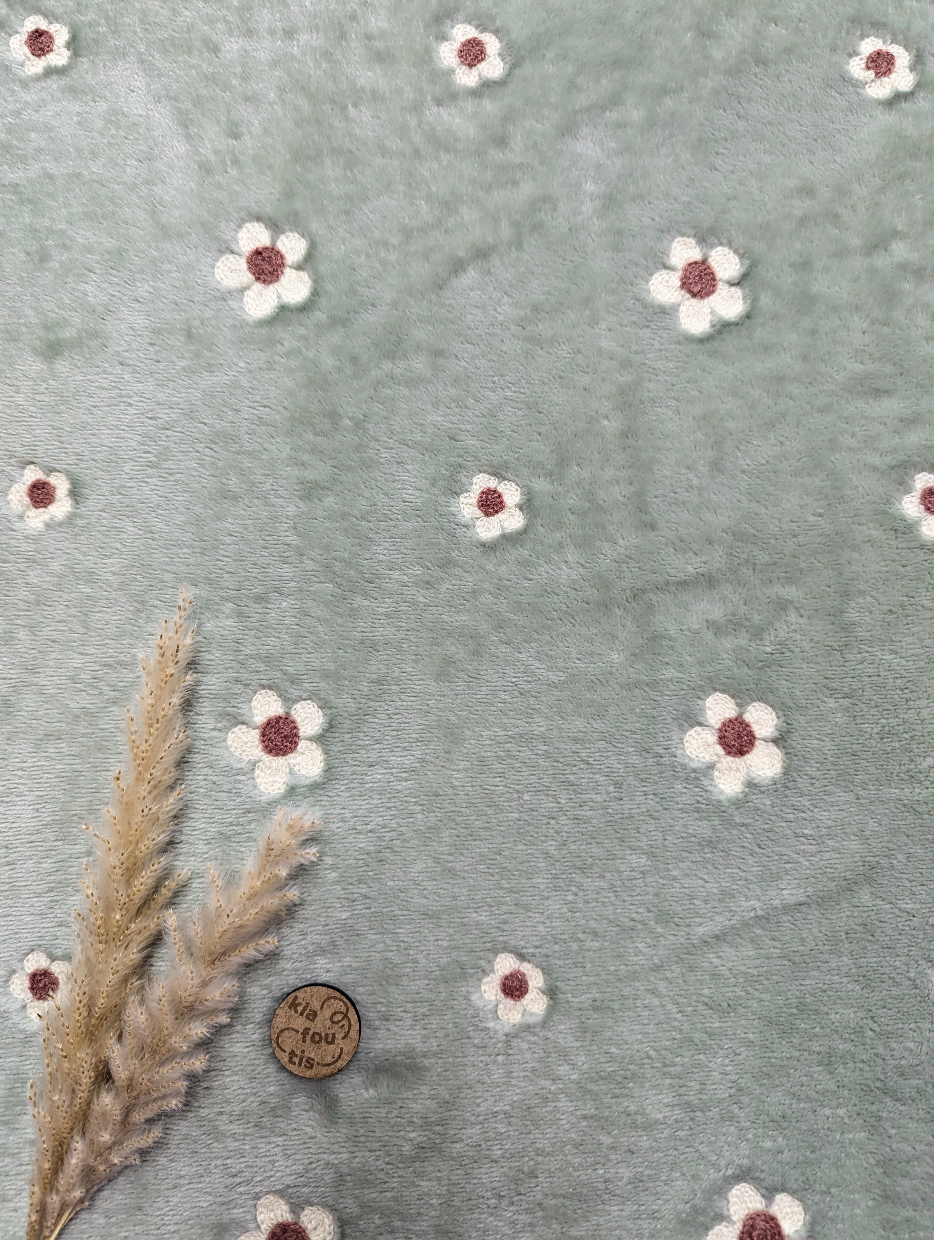 Tissu doudou double face sauge - broderie florale